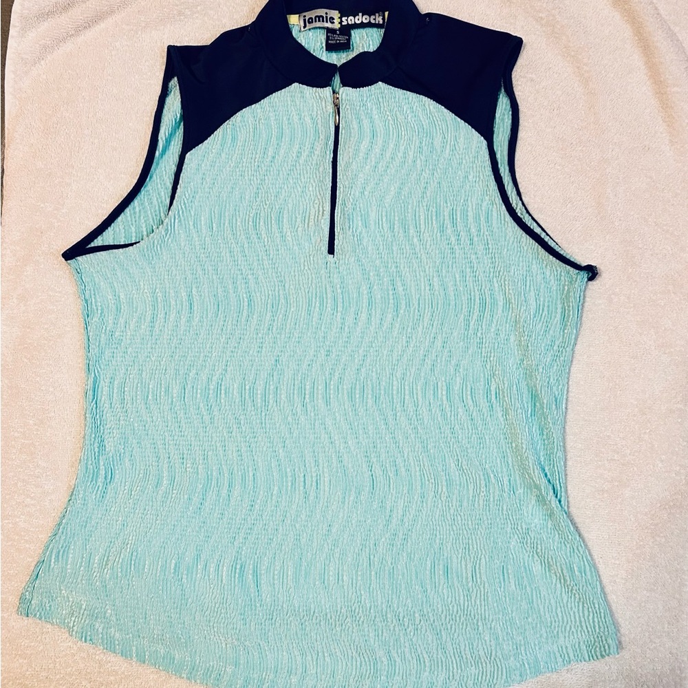Jamie Sadock crinkle sleeveless quarter-zip top S small golf light aqua blue